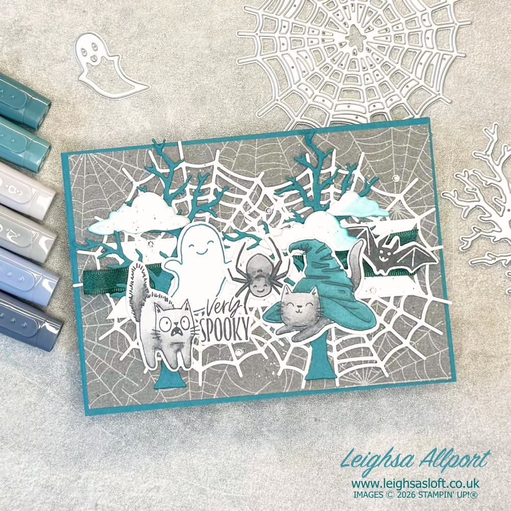Creativity Abounds Blog Hop October '26 - Holidays.  Halloween Very Spooky Card using the Oh My Fright and Web of fun Bundle.  Pretty Peacock, Smoky Slate, Basic White and Basic Black.