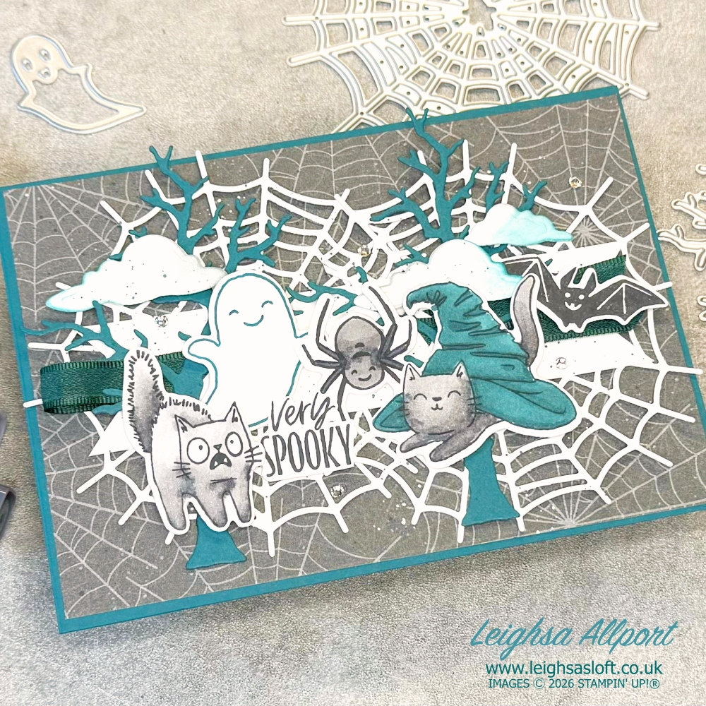 Creativity Abounds Blog Hop October '26 - Holidays.  Halloween Very Spooky Card using the Oh My Fright and Web of fun Bundle.  Pretty Peacock, Smoky Slate, Basic White and Basic Black.