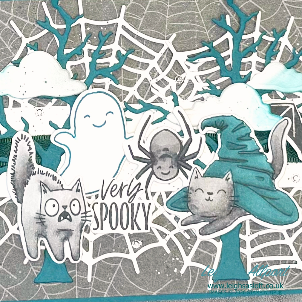 Creativity Abounds Blog Hop October '26 - Holidays.  Halloween Very Spooky Card using the Oh My Fright and Web of fun Bundle.  Pretty Peacock, Smoky Slate, Basic White and Basic Black.